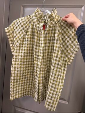 Never A Wallflower Vicki Ruffle Shirt Pickled Ginger- green and white gingham